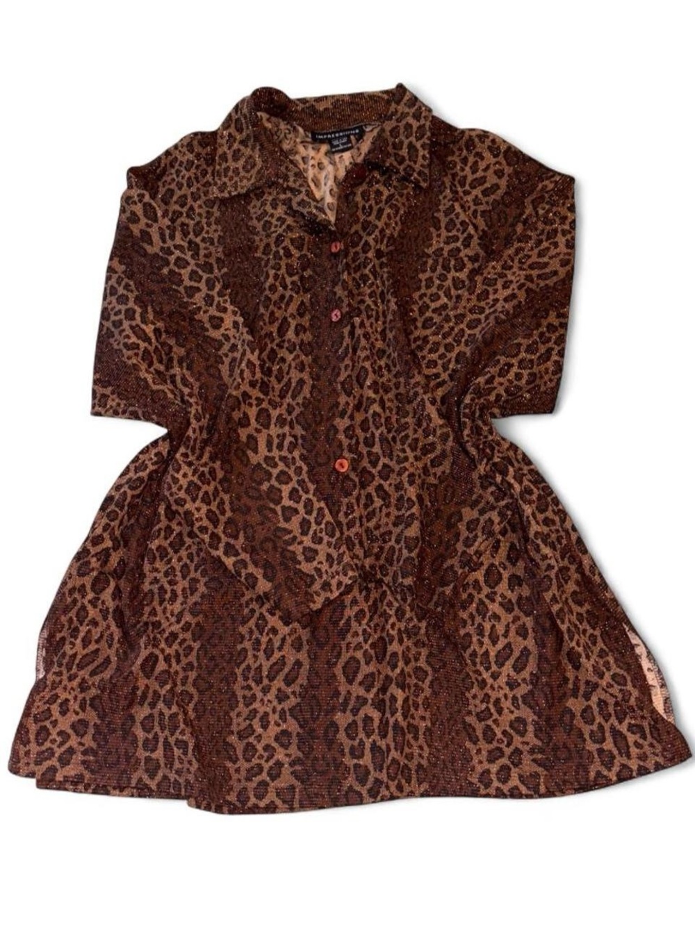 Impressions Vintage Leopard Print Shimmery Button Up Blouse